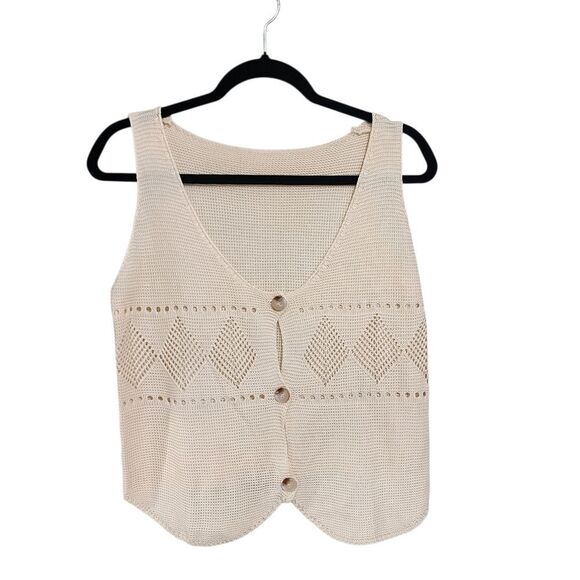 Cream Knit Vest Top M Button Loose Knit Boho Western Country Cowgirl Festival - Picture 1 of 4